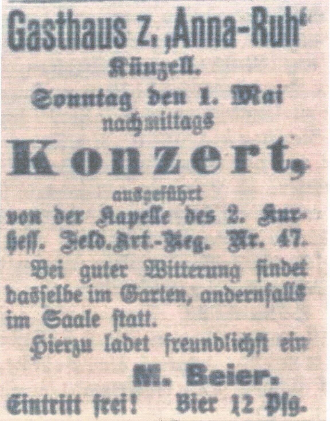 1904 Konzert Gasthaus 'Anna Ruh' des 2. Kur-Hess. Feld. Art.-Reg. Nr. 47