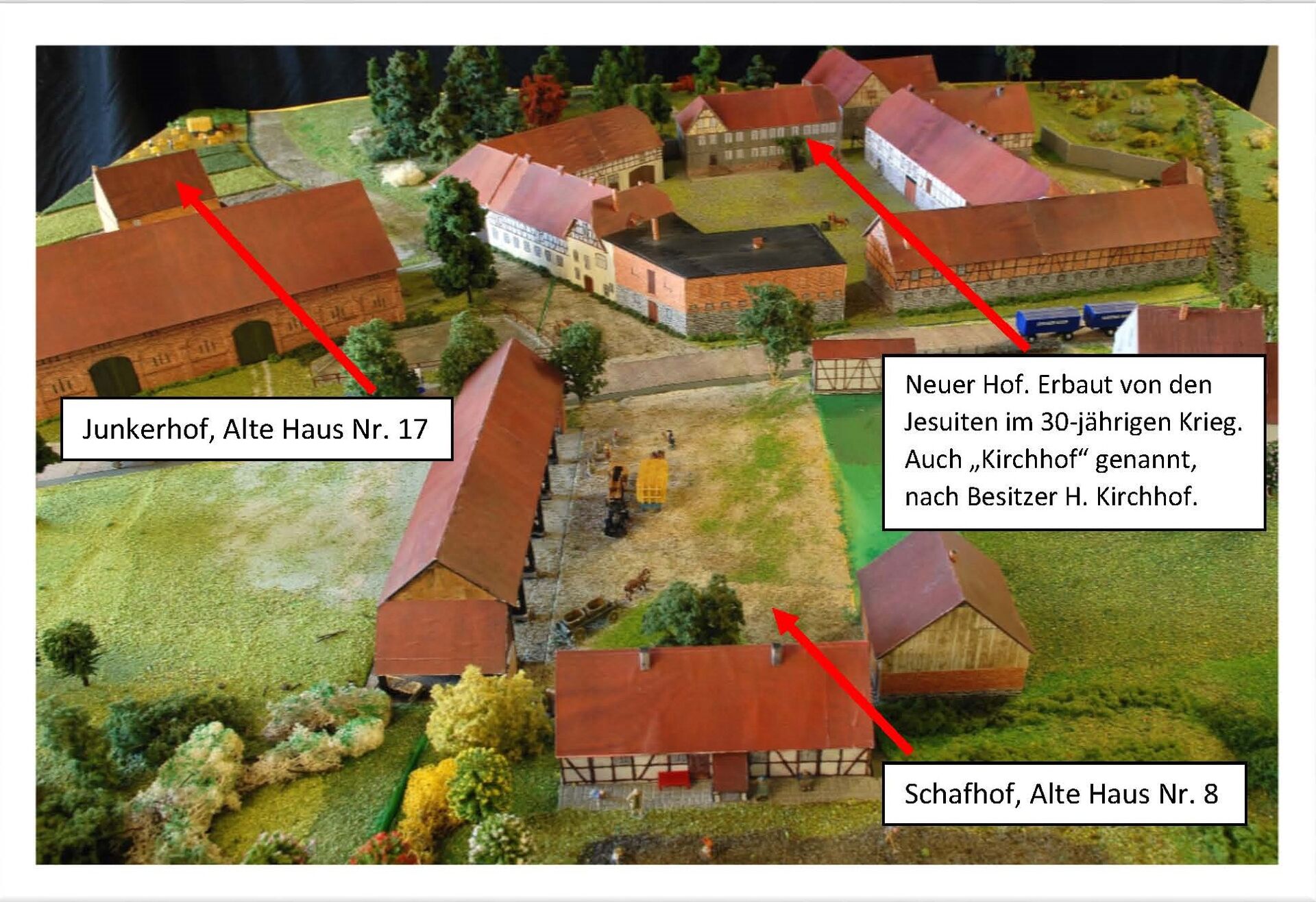 Modell mit Beschreibung der drei Höfe