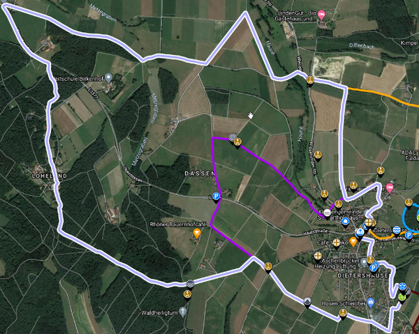 Streckenkarte Dietershausen - Dirlos - Loheland und zurück